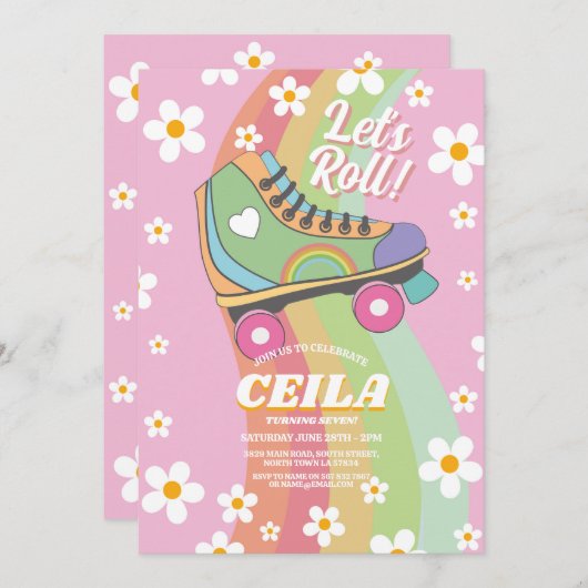 Roll Rollerskate Vibe Retro Groovy 1970er Einladung (Vorne/Hinten)