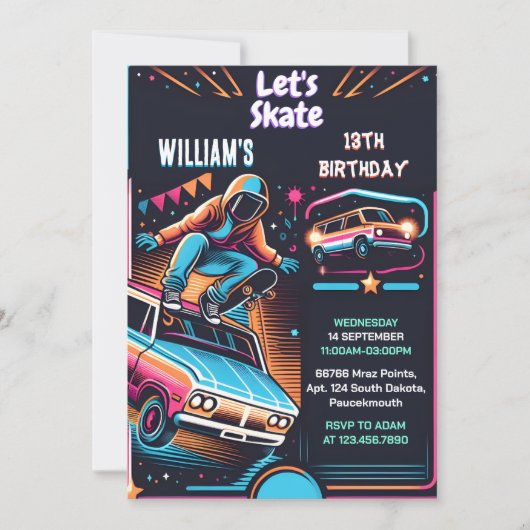 Roll Scooter Jump Zone Skateboarding 13. Geburtsta Einladung (Vorderseite)