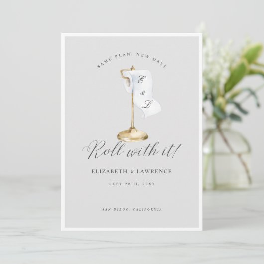 Roll with it Elegant Toillet Paper Roll & Stand Save The Date (Stehend Vorderseite)