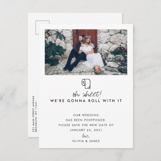 Roll with it Foto New Date Wedponement Ankündigungspostkarte (Vorne/Hinten)