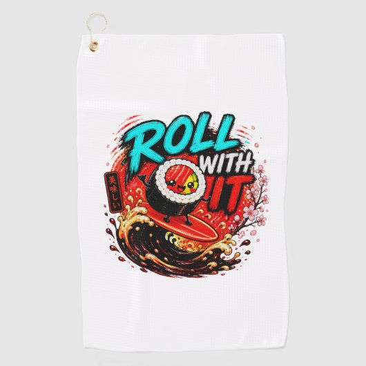 Roll With It – Lustiges Surfing Sushi Design Golfhandtuch (Vorderseite)
