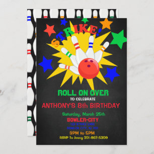 Rolle an über… STREIK Bowlings-Geburtstags-Party Einladung