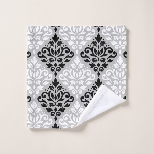 Rolle-Damast-Mischgröße Ptn B&W auf Grau Badhandtuch Set (Waschlappen)