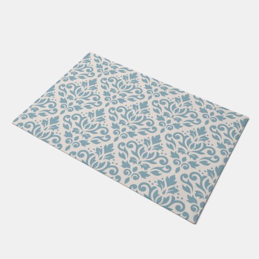 Rolle-Damast-Muster-Blau auf Creme Fußmatte (Schrägansicht)