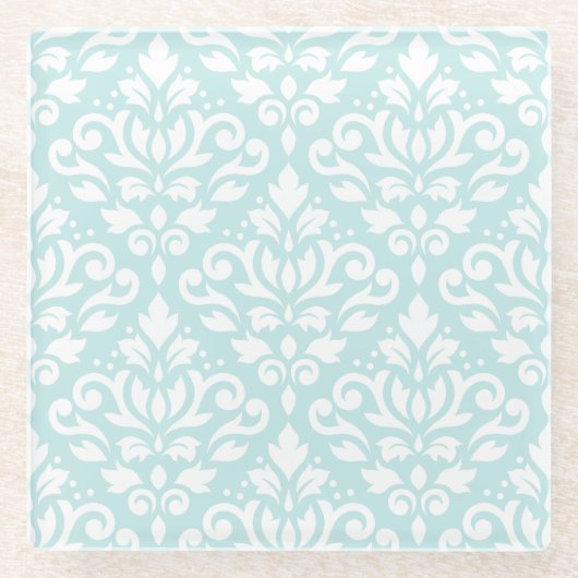 Rolle-Damast Ptn Weiß auf Enten-Ei-Blau Glasuntersetzer (Vorderseite)