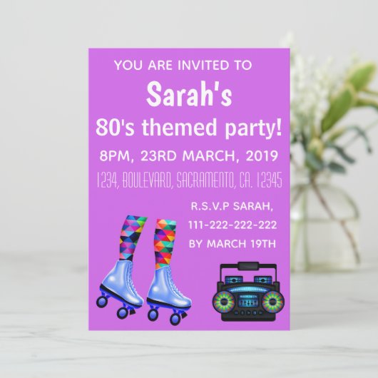 Rolle Skate und Boombox. Achtzigerjahre Partei Einladung (Stehend Vorderseite)