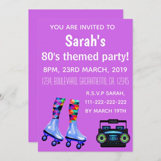 Rolle Skate und Boombox. Achtzigerjahre Partei Einladung (Vorne/Hinten)