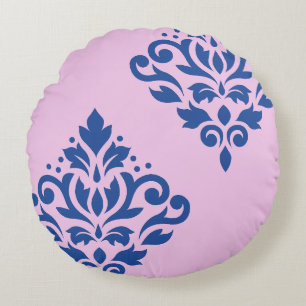 Rollen Damask Art I Blue on Pink Rundes Kissen