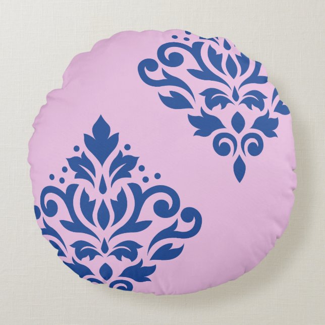 Rollen Damask Art I Blue on Pink Rundes Kissen (Vorderseite)