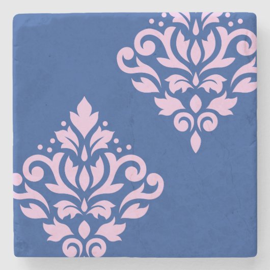 Rollen Damask Art I Pink on Blue Steinuntersetzer (Vorderseite)