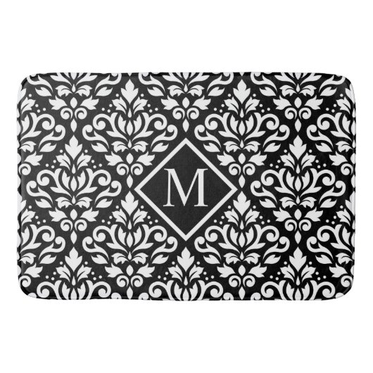 Rollen Damask Ptn White auf Schwarz (Personalisier Badematte (Vorderseite)