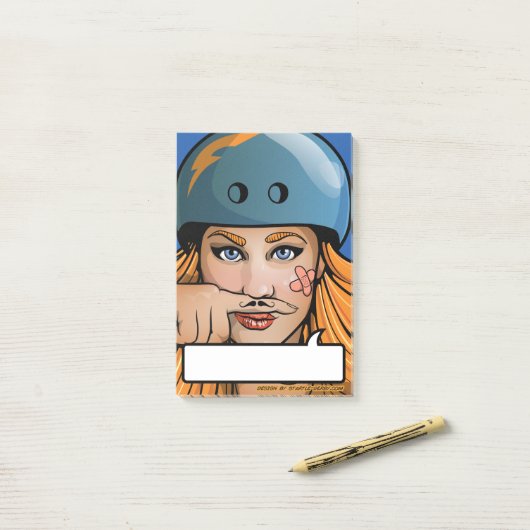 Rollen-Derby-Schnurrbart-Mädchen-Comic-Buchpost-it Post-it Klebezettel (Auf Schreibtisch)