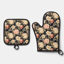 Rollen mit Rose Viktorianischer Stil Ofenhandschuh & Topflappen-Set