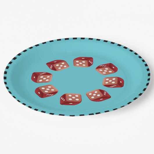 Rollen Sie die roten Würfel Pappteller (Schrägansicht)