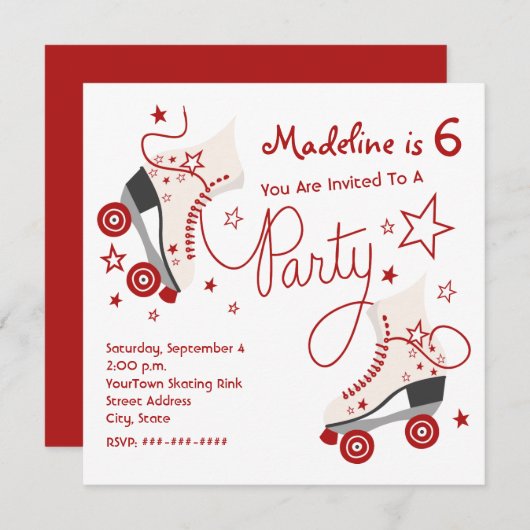 Rollen-Skate-Party Einladung - Rot (Vorne/Hinten)