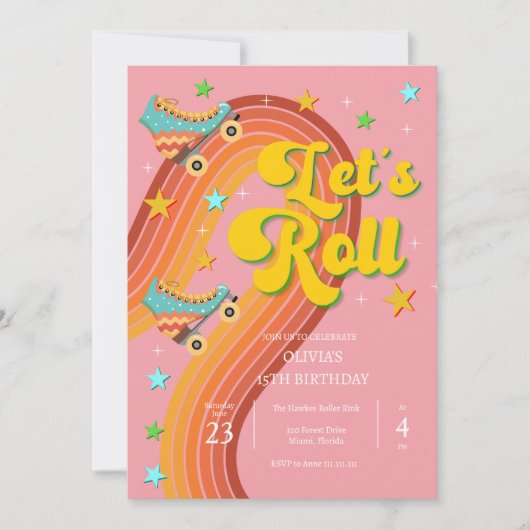Rollen wir Rollwalze Skate Retro Regenbogen Einladung (Vorderseite)