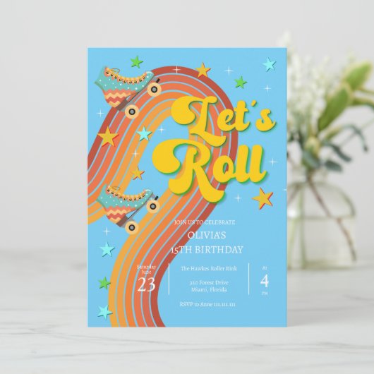 Rollen wir Rollwalze Skate Retro Regenbogen Einladung (Stehend Vorderseite)