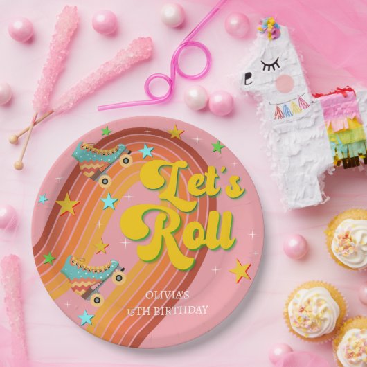 Rollen wir Rollwalze Skate Retro Regenbogen Pappteller (Party)