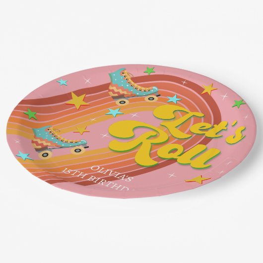 Rollen wir Rollwalze Skate Retro Regenbogen Pappteller (Schrägansicht)