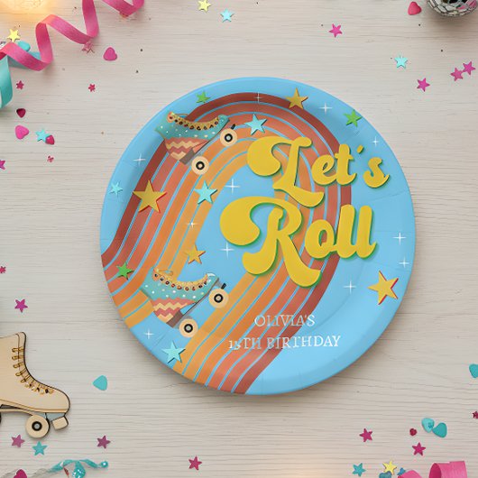 Rollen wir Rollwalze Skate Retro Regenbogen Pappteller