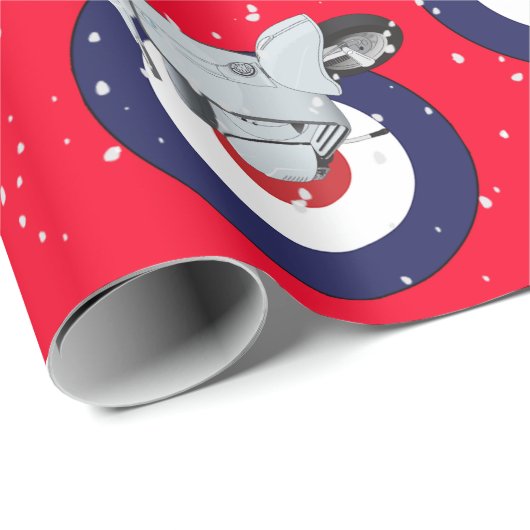 Roller auf roter Verpackung mit fallendem Schnee Geschenkpapier (Rolleneckpunkt)