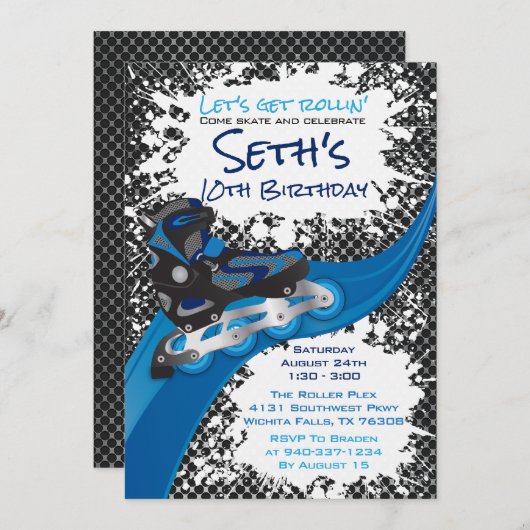Roller Blade Grunge Blue Birthday Party Einladung (Vorne/Hinten)