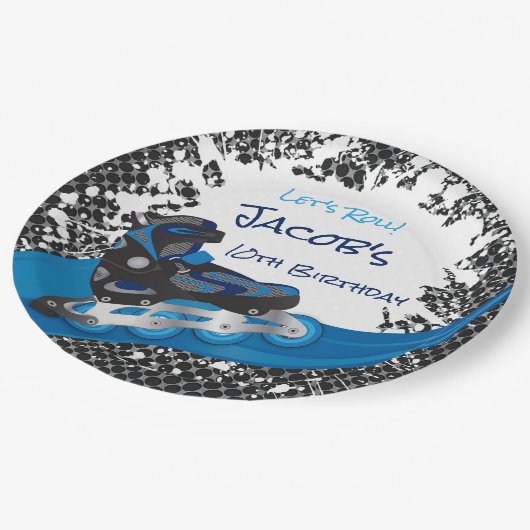 Roller Blade Grunge Blue Birthday Party Pappteller (Schrägansicht)