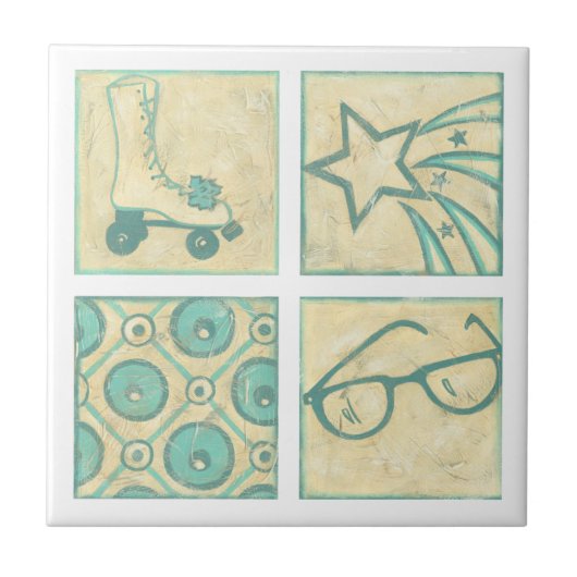 Roller Rink Woodblock Zeichnend von Chariklia Zarr Fliese (Vorderseite)