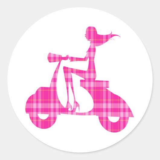 Roller Rosa Gingham Runder Aufkleber (Vorderseite)