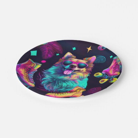 Roller Skate Disco Dog Pappteller (Schrägansicht)