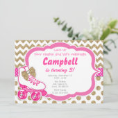 Roller Skate Glitzer Gold und Rosa Geburtstag Einl Einladung (Stehend Vorderseite)