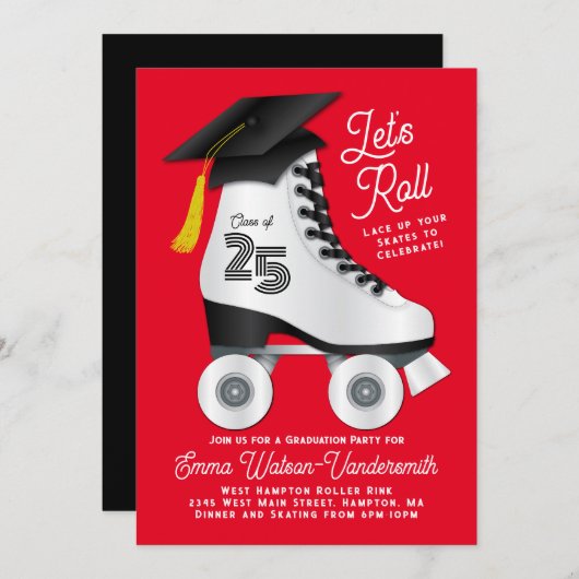 Roller Skate Graduation Party Einladung Rot (Vorne/Hinten)