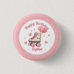 Roller Skate Pink Glitzer Girl's Birthday Party Button