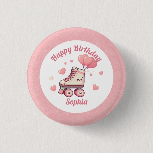 Roller Skate Pink Glitzer Girl's Birthday Party Button (Vorderseite)