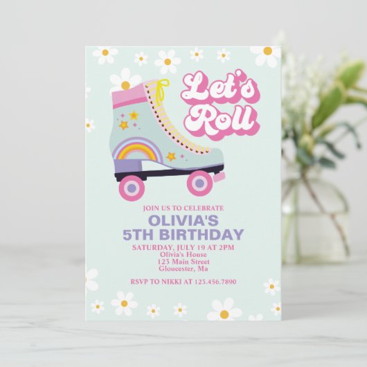 Roller Skate Retro Daisy Birthday Einladung (Stehend Vorderseite)