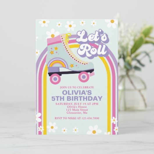 Roller Skate Retro Rainbow Birthday Inv Einladung (Stehend Vorderseite)