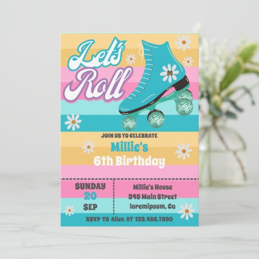 Roller Skate Retro Rainbow Birthday Party Einladung (Stehend Vorderseite)