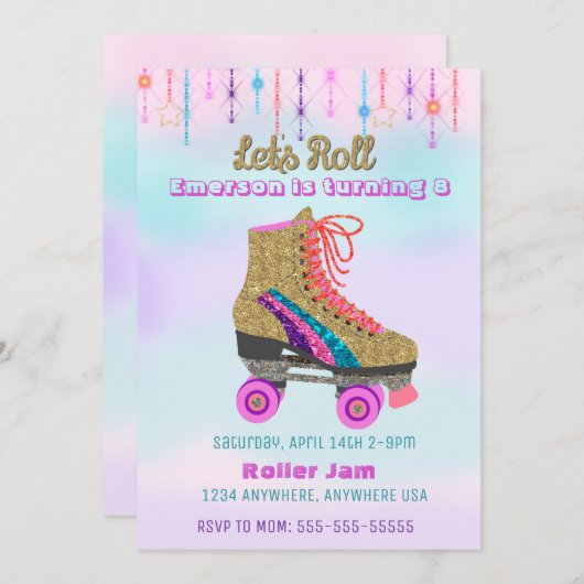 Roller-Skate, Skaten-Party, Roller Disco-Glitzer Einladung (Vorne/Hinten)