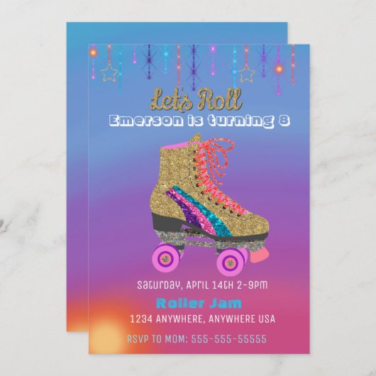 Roller-Skate, Skaten-Party, Roller Disco-Glitzer Einladung (Vorne/Hinten)