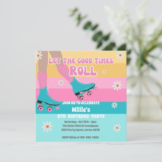Roller Skate Skaten Retro Rainbow Birthday Party Einladung (Stehend Vorderseite)