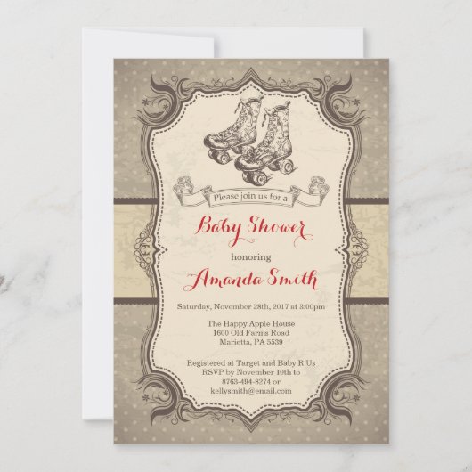 Roller Skaten Baby Dusche Einladung Vintag (Vorderseite)