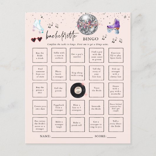 Roller Skaten Bachelorette Bingo Party Game Card (Vorderseite)
