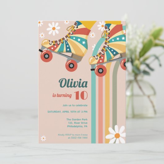 Roller Skaten Birthday Groovy Hippy Einladung (Stehend Vorderseite)