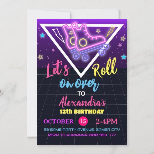 Roller Skaten Birthday Neon Skaten Einladung (Vorderseite)