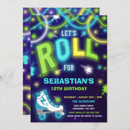 Roller Skaten Einladung Neon Glow Skaten Party (Vorne/Hinten)