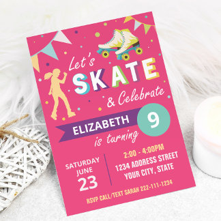 Roller Skaten Geburtstagsparty Einladung in Rosa