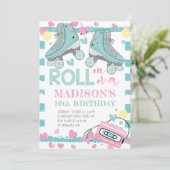 Roller Skaten Girl Geburtstag Pastel Blue Pink Einladung (Stehend Vorderseite)