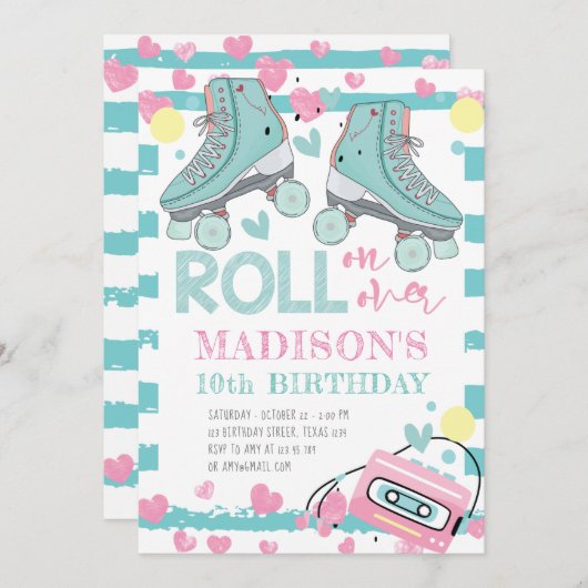Roller Skaten Girl Geburtstag Pastel Blue Pink Einladung (Vorne/Hinten)