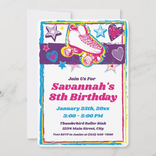 Roller Skaten Girls Birthday Skate Rink lädt ein Einladung (Vorderseite)