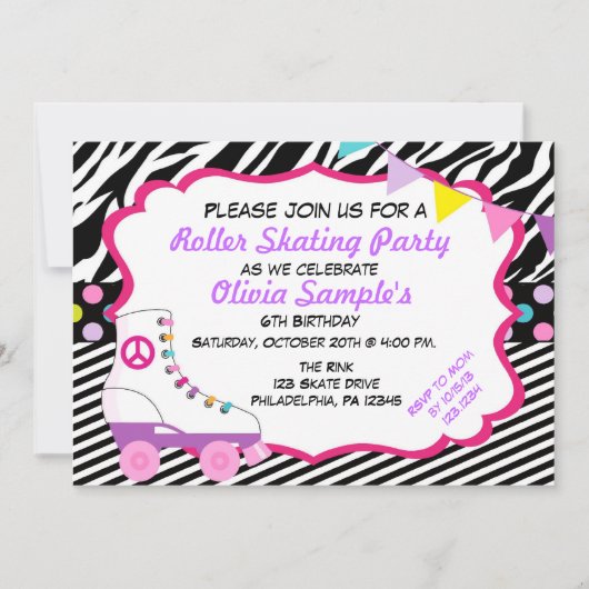 Roller Skaten Party Zebra Geburtstag Einladung (Vorderseite)